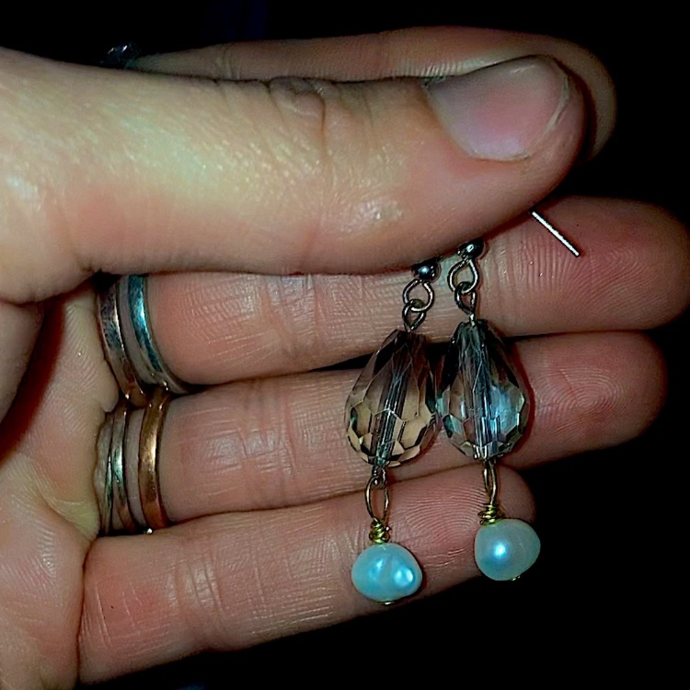 Dangly Pearl Earrings with Black and Clear Gemstone
